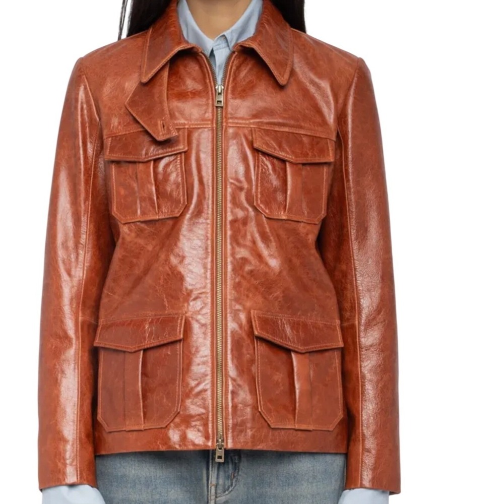 Zadig & Voltaire Lienna Brown Lambskin Leather Utility Jacket NWT